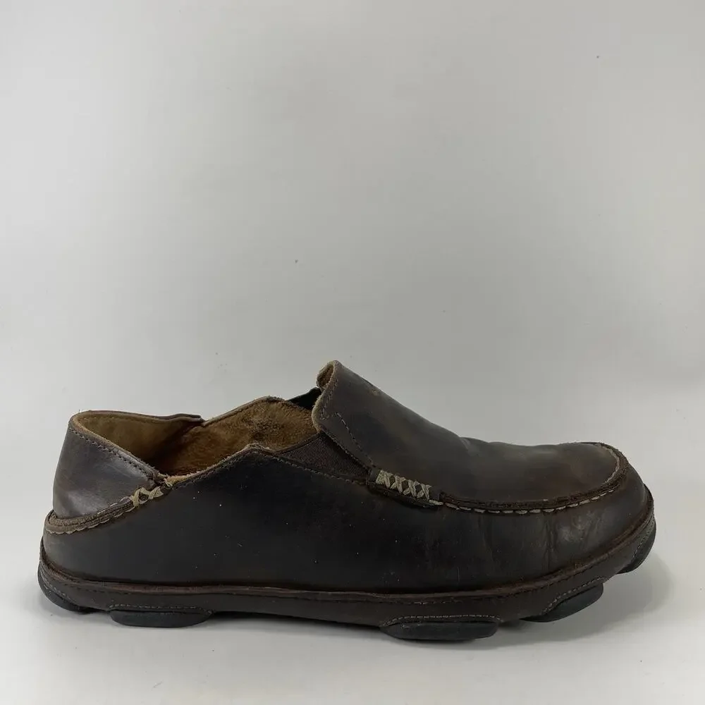 OluKai Moloa Dark Wood Leather Loafers Slip On Casual Shoes Mens Size 8 Hawaiian